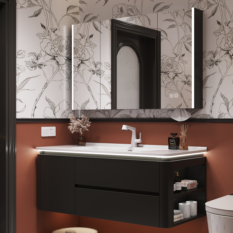Black Bathroom Cabinet Set with Integrated Ceramic Rounded Corner Basin, Side Storage, Bathroom Washbasin Cabinet, Vanity Unit