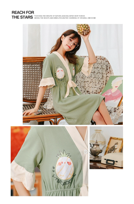 Đồ ngủ kimono Nhật Bản phụ nữ mùa hè cotton ngắn tay Váy ngủ Hàn Quốc mùa hè dễ thương và ngọt ngào dịch vụ sinh viên tại nhà - Đêm đầm