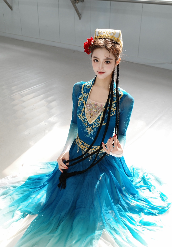 New Xinjiang Uyghur Large Skirt Dance Performance Costume Peacock Blue Gradient Color Art Exam Performance Costume Practice Skirt