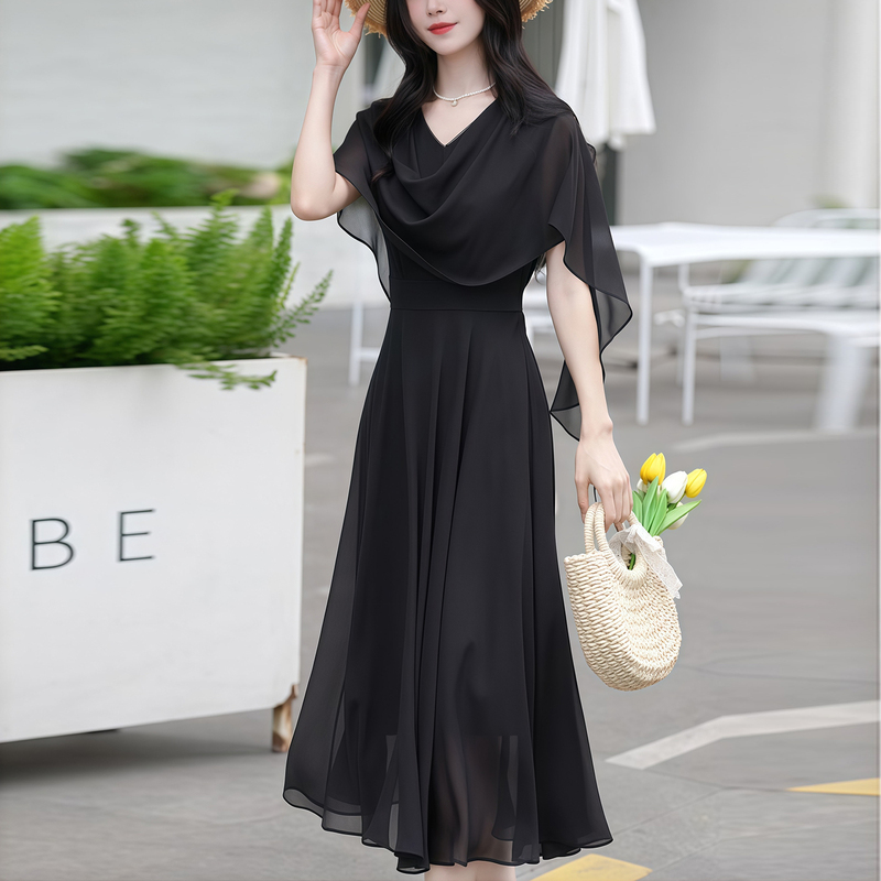 High-End Light Luxury Black Dress for Women, Summer Vacation Two-Piece Chiffon Long Skirt with a Hepburn-Style Elegant Dress