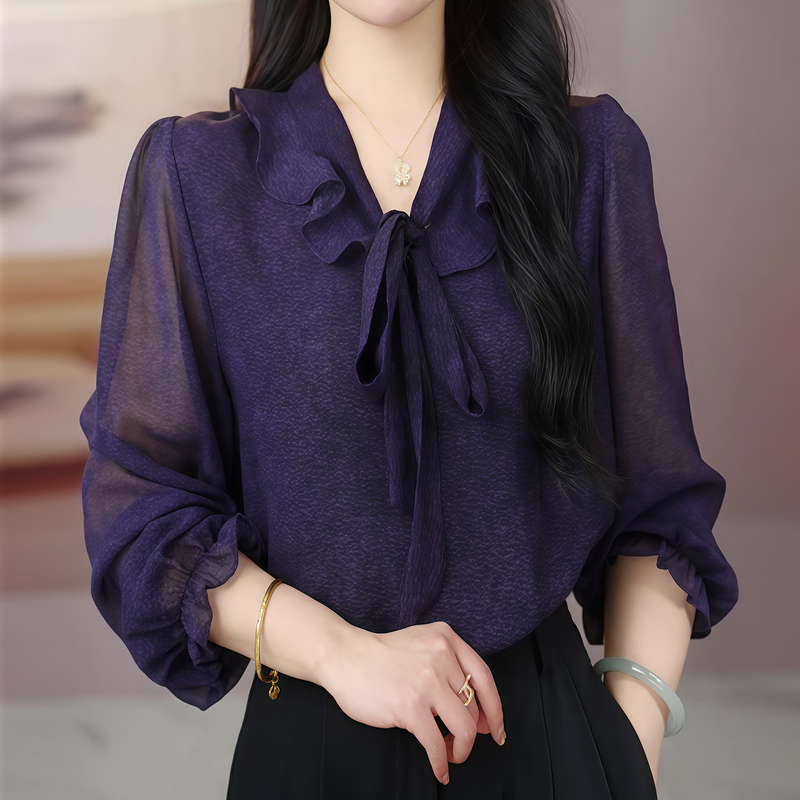 High-End Bow-Knot Chiffon Shirt for Women, Purple Long-Sleeved Work Clothing Simple Shirt, Loose Slimming Top with Elegant Look High-End Bow-Knot Chiffon Shirt for Women, Purple Long-Sleeved Work Clothing Simple Shirt, Loose Slimming Top with Elegant Look