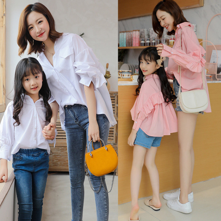 Douyin explosion mother and daughter loose large size shirt 2022 spring new Korean version trendy lotus leaf shirt parent-child wear
