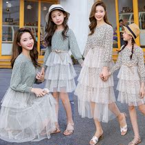 Western style sweet parent-child dress printing mosaic cake skirt 2021 spring and autumn fashion mother dress tide