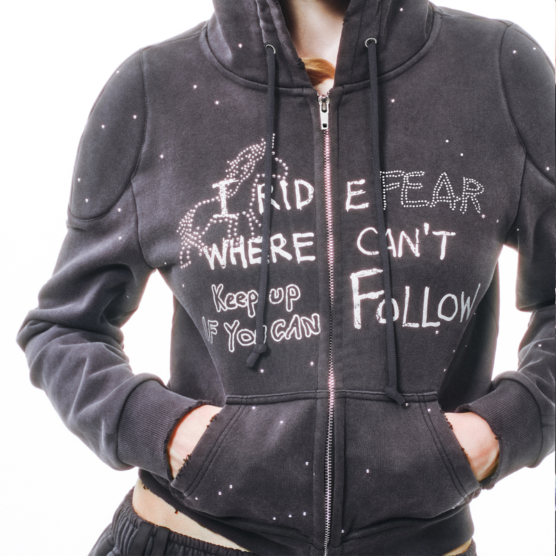 Trinite*Zip Hoodie Washed and Distressed Dark Gray Biker-Style Iron-On Print Hooded Drawstring Zipper Sweatshirt