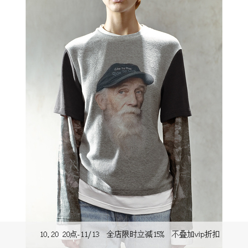 Trinite*Vintage T-Shirt Retro Portrait Print Street Style Staggered Fake Two-Piece T-Shirt Top