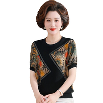 Fashionable mom summer mulberry silk short-sleeved T-shirt stylish color-blocked round neck loose silk top for middle-aged and elderly people