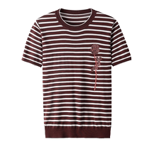 Mulberry silk short-sleeved T-shirt round neck striped shirt middle-aged and elderly mothers summer fashion fashion large size t-shirt thin top for women