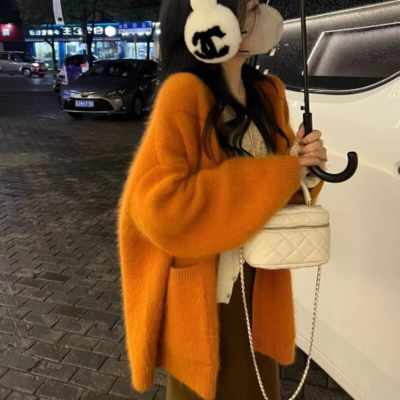 Sunset Orange Top, Gentle and Lazy Style Knitted Cardigan, High-End and Super Beautiful Sweater Jacket for Women in Autumn and Winter