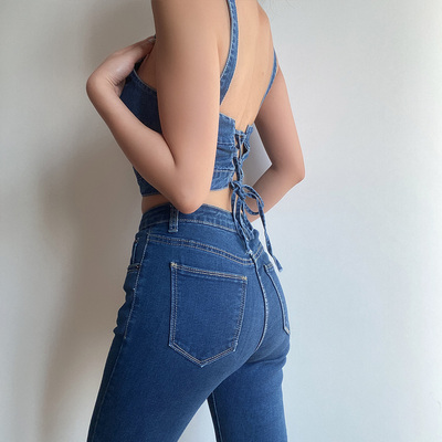 taobao agent Sexy short retro denim belt, T-shirt, backless, high waist, lifting effect