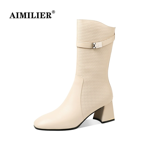 Кожаные флисовые удерживающие тепло сапоги на высоком каблуке, коллекция 2021, средней длины, из натуральной кожи, большой размер