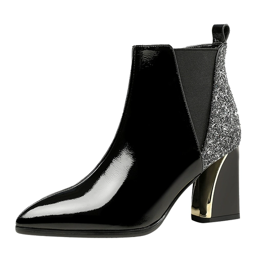 Блестки для ногтей на высоком каблуке с заостренным носом, ботинки, короткие сапоги, новая коллекция, из натуральной кожи, большой размер