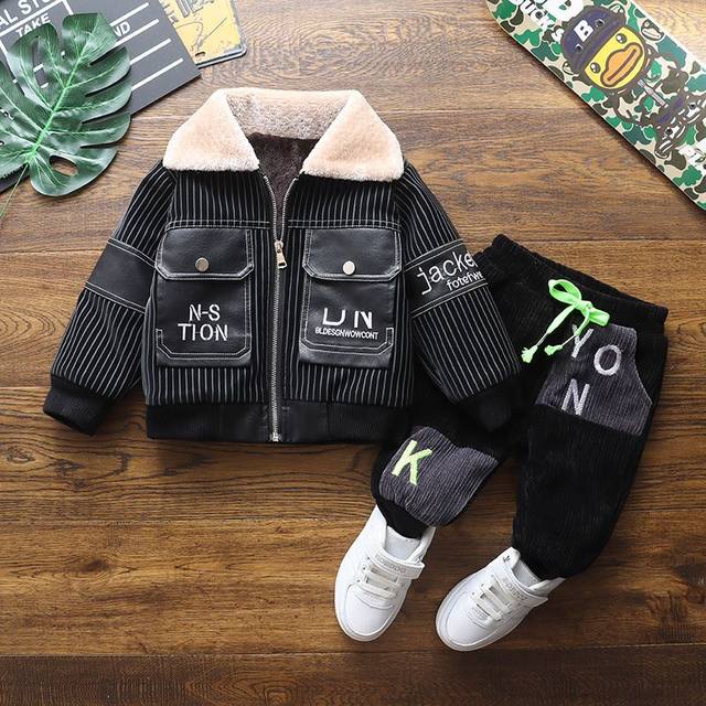 Children's suits boys winter clothes 2022 new boys plus velvet thick leather jacket baby winter foreign style cotton clothes