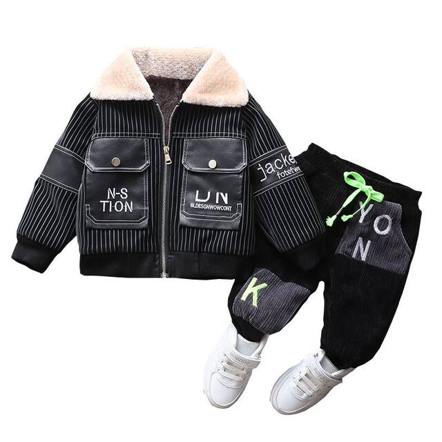 Children's suits boys winter clothes 2022 new boys plus velvet thick leather jacket baby winter foreign style cotton clothes