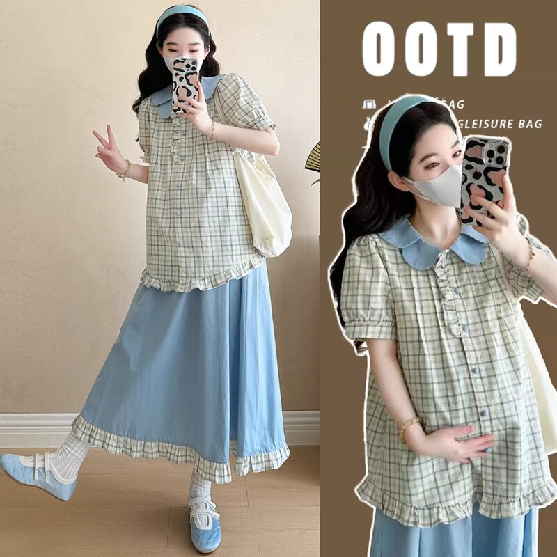 Maternity Wear Is Super Popular, Paired with Summer Outfits for Pregnant Moms, French-Style Outfits, Retro Plaid Shirts, Tops, and Skirt Sets