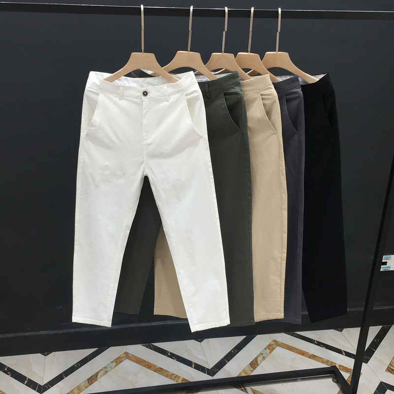Spring and Summer White Casual Pants for Men, Slim Fit Trendy Brand Long Pants, Cotton Straight-Leg Pants, Men's Business Cropped Pants