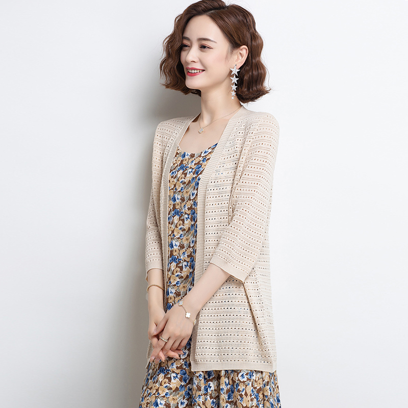 Ice Silk Cardigan for Women, Mid-Length Summer Ice Linen Knit Top, Hollow-Out Thin Shawl Air Conditioning Jacket