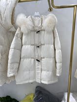 2021 Winter wear new hooded hairy long sleeve horn buckle versatile solid color warm 90 white duck down jacket jacket