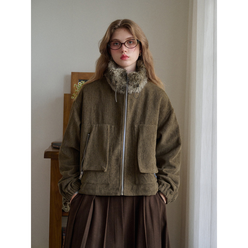 Simpleretro First Snow in the Forest Retro Fur Collar Twill Corduroy Cotton Short Jacket Women's Jacket Top