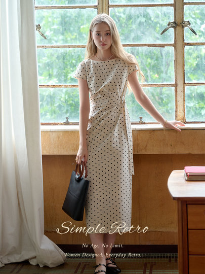 SimpleRetro白露清歌 法式简约亚麻不规则收褶可调节条纹连衣裙女