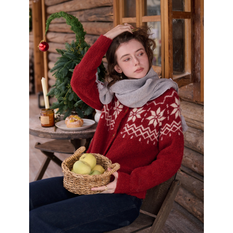Simpleretro Norwegian Forest Red Wool Loop Yarn Fair Isle Knit Sweater for Women, Casual Christmas Sweater