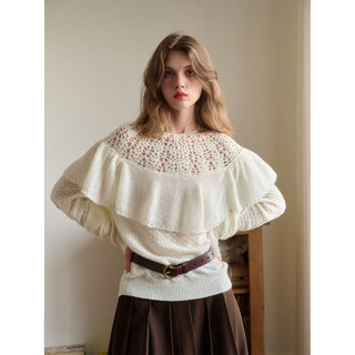 SimpleRetro莫斯科晨雾 法式仿马海毛镂空荷叶边套头毛衣女秋上衣