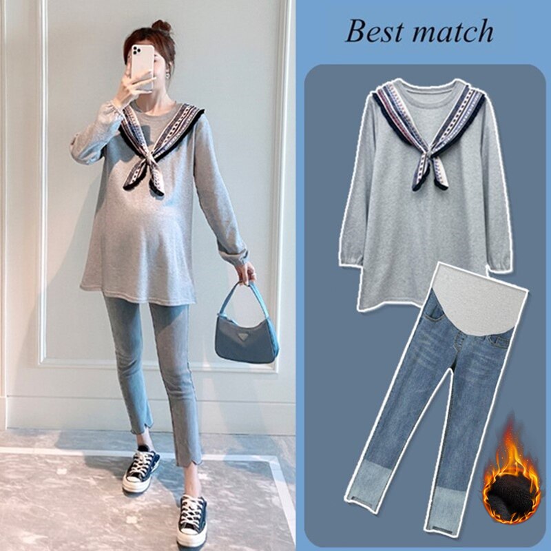 Pregnant Woman Autumn Winter Dress Plus Suede Suit 2021 New Stylish Navy Collar Personality Pregnant Woman Blouse Belly Jeans