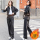 High waist jeans plus velvet casual suit women's autumn and winter 2022 new coat fashion Korean version age-reducing two-piece suit