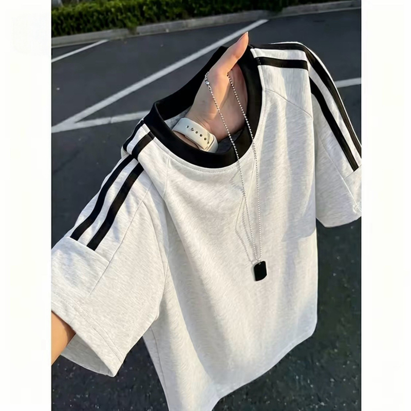 Pure Cotton Striped Three-Stripe Patchwork Crew Neck Short-Sleeve T-Shirt for Men and Women, Summer Loose Fit Versatile Trendy Brand Sports Style Top Pure Cotton Striped Three-Stripe Patchwork Crew Neck Short-Sleeve T-Shirt for Men and Women, Summer Loose Fit Versatile Trendy Brand Sports Style Top