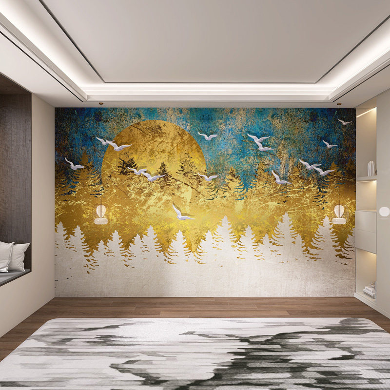 Фоновая стена 定制新中式鎏金山水墙板现代客厅电视沙发碳晶板茶室办公室防撞板 Se Liya