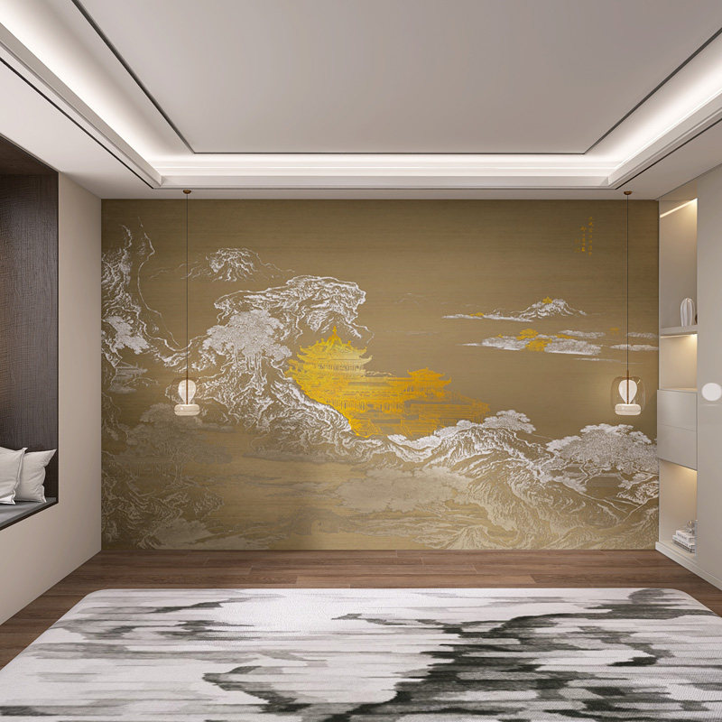 Фоновая стена 定制新中式鎏金山水墙板现代客厅电视沙发碳晶板茶室办公室防撞板 Se Liya