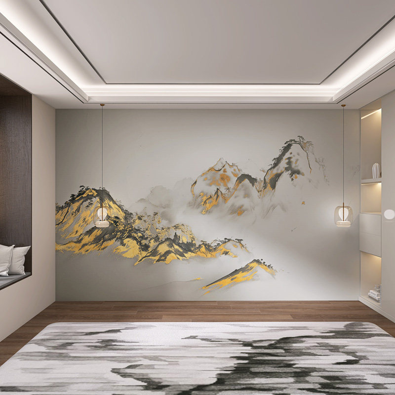 Фоновая стена 定制新中式鎏金山水墙板现代客厅电视沙发碳晶板茶室办公室防撞板 Se Liya