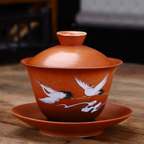 Ceramic Sancai Covered Bowl Teacup Kung Fu Tea Single Tea Bowl with Lid Retro Tea Maker Anti-scalding Large Creative Chinese Style