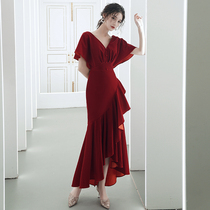 Fishtail Toast Bridal Wine Red Wedding Gown Dress Normally Can Wear Sexy V Collar Atmosphere Back Door Display Slim Woman