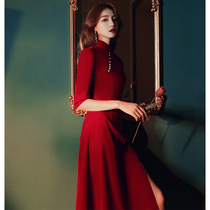 Qipao toast to the bride 2022 new summer wine red colour long style wedding evening gown Chinese wind back to the door