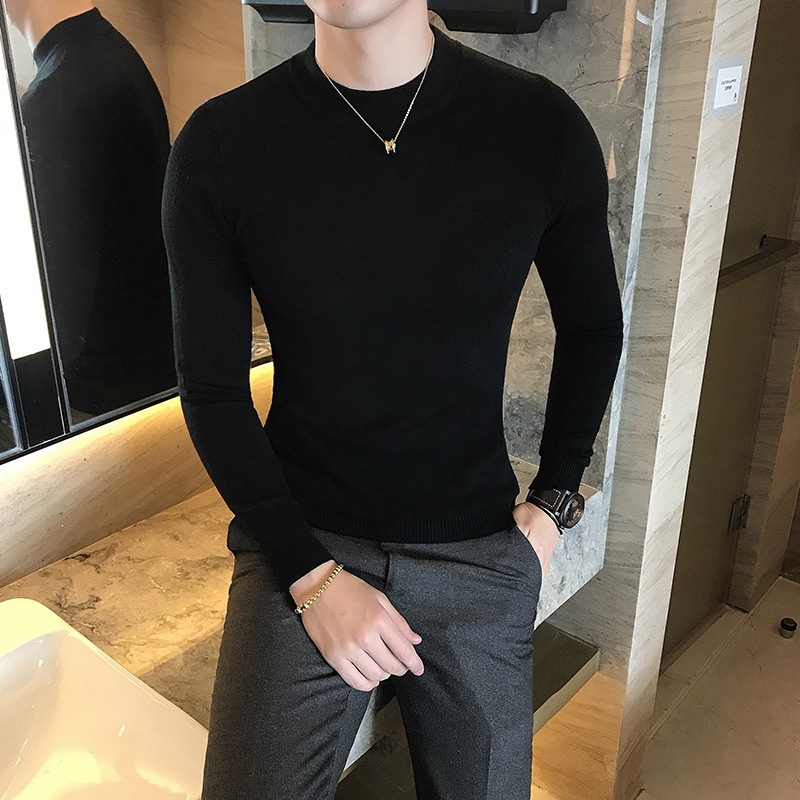 New autumn and winter half turtleneck sweater men's fleece business casual slim bottoming knitted sweater with black and white middle collar