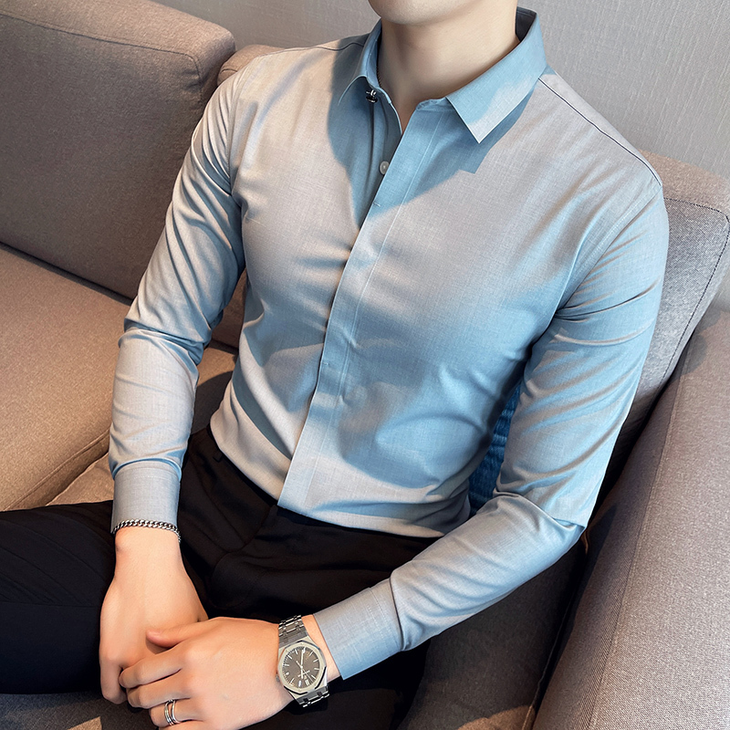 Men's Shirts Are Seamless and Wrinkle-Resistant, Spring New Style, Long-Sleeved, High-End, Blue Casual Business Commuting Slim-Fitting White Shirts