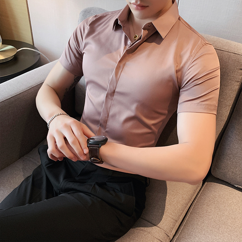 Summer Thin Short-Sleeved Shirt for Men, Solid Color, Slim Fit, Hidden Button, Engagement Banquet Suit Shirt, High-End Casual Business
