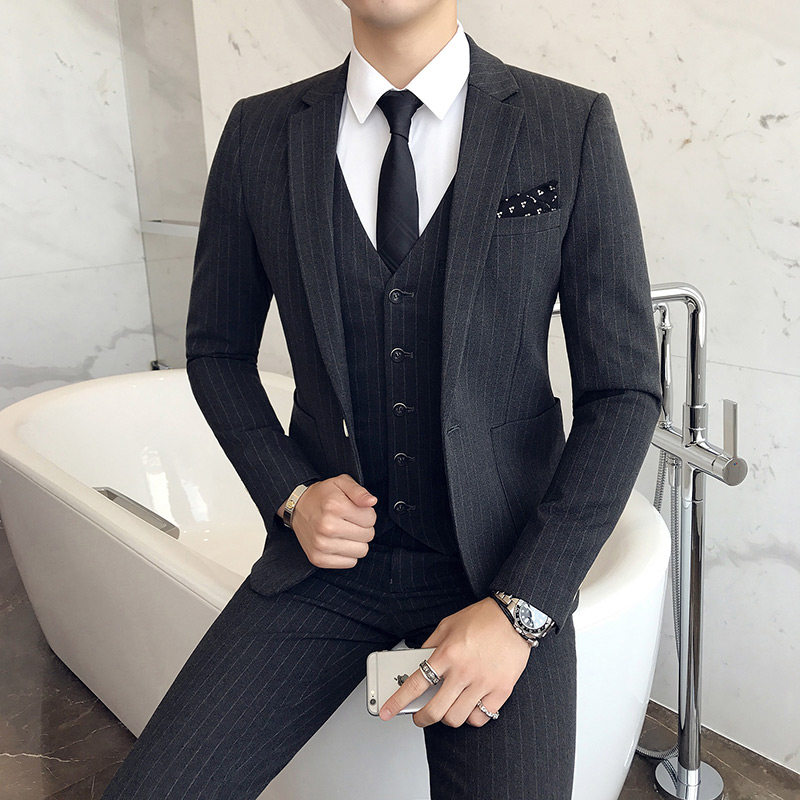 New Suit Suite Men Three-Piece Gentleman Englishman Strip Tailored Youth Business Leisure Suite Man