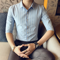 2019 new mens shirt mid-sleeve Korean version for teenagers casual linen Inn striped 70% sleeve inch shirt