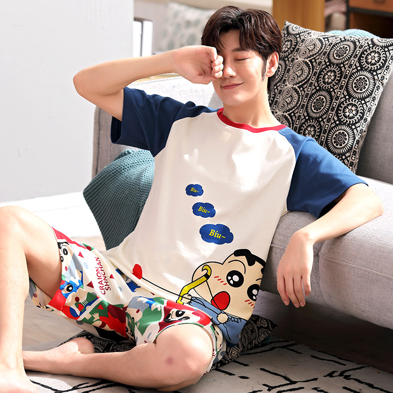 Mùa hè bé trai tuổi teen pajama ngắn tay mỏng giản dị junior học sinh trung học cotton phù hợp với mens quần áo nhà cotton.