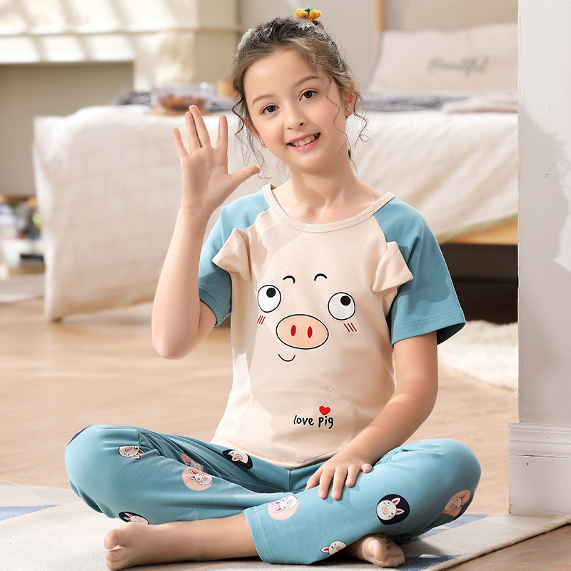 Mùa hè thanh thiếu niên pajama cô gái ngắn sleevecartoon trong cậu bé lớn mỏng bông junior học sinh trung học quần áo nhà thiết.