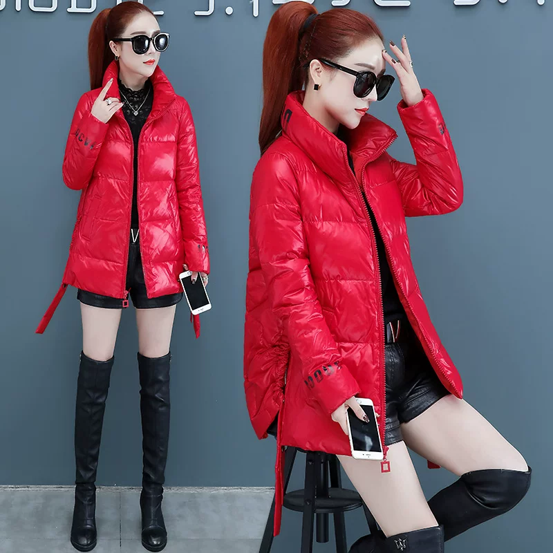Red glossy light and thin down jacket with down, 2020 years, 2021 collection