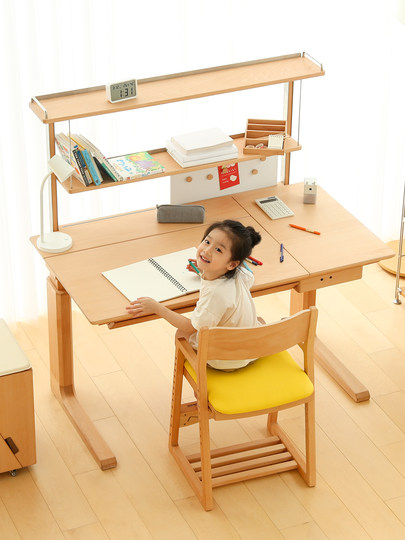 Faroro Large Square Children's Study Table, Primary School Student Writing Desk, Home Adjustable Desk and Chair Set, All Made of Beech Wood