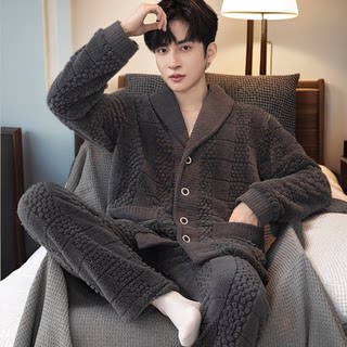 Plaid jacquard lapel men's coral velvet pajamas winter plus velvet thickened warm french velvet autumn and winter home clothes