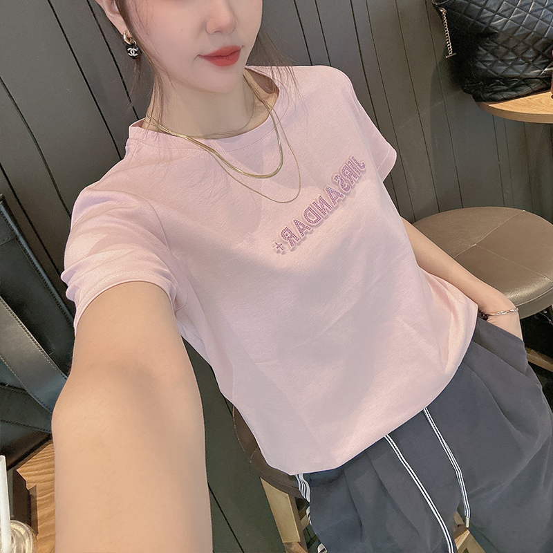 Pink Short-Sleeved T-Shirt for Women 2026 New Fashion Style with Rhinestone 3D Letters European Style Half-Sleeve Top
