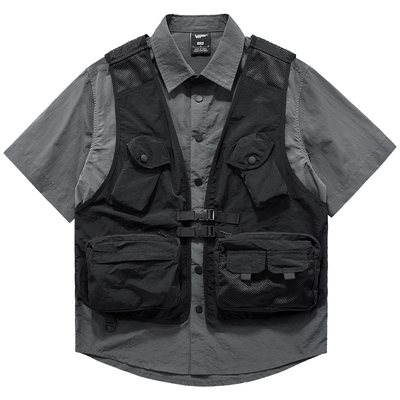 Vip Functional Short-Sleeved Shirt for Men, Summer Vest with Fake Two-Piece Design, Outdoor Workwear Design Shirt, Trendy