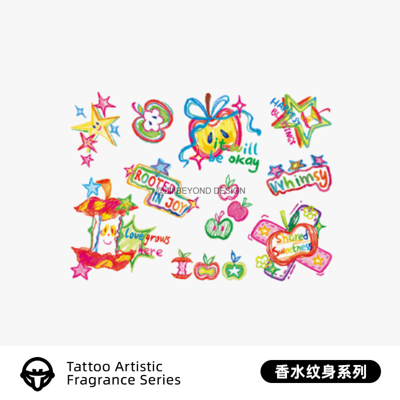 Transform into a Childlike Graffiti Cute Perfume Tattoo Sticker Christmas Apple Music Festival Colorful Realistic Waterproof and Sweat-Proof for Women