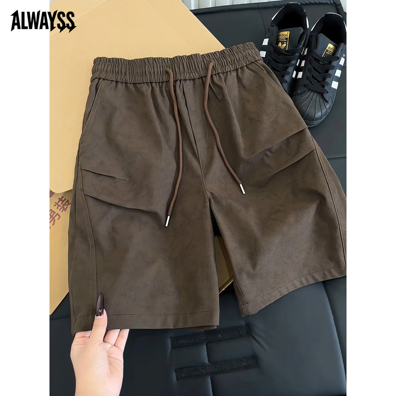 Brown Workwear Shorts for Men, Summer Thin Style, American Retro Loose Pleated Dark Pattern Five-Point Pants, Men's Casual Mid-Length Pants