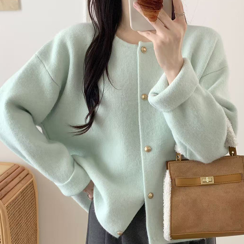 Chanel-Style Low Round Neck Thick Knit Wool Sweater Cardigan for Women, Knitted Outerwear, Thickened for Autumn and Winter, Loose and Casual