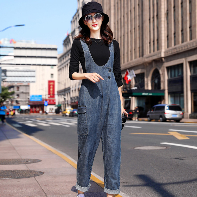 2022 Spring and autumn new Korean version fashion minus age denim back belt pants women's clothing online red pop temperament one-piece long pants-Taobao